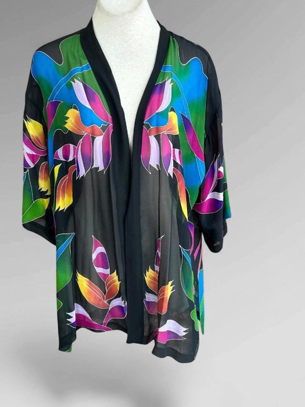 Boutique 100% Silk Kimono Jacket Wrap Bird of Paradise One Size